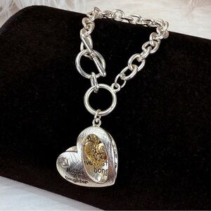 Silvertone Puffed Open Heart Charm Toggle Bracelet